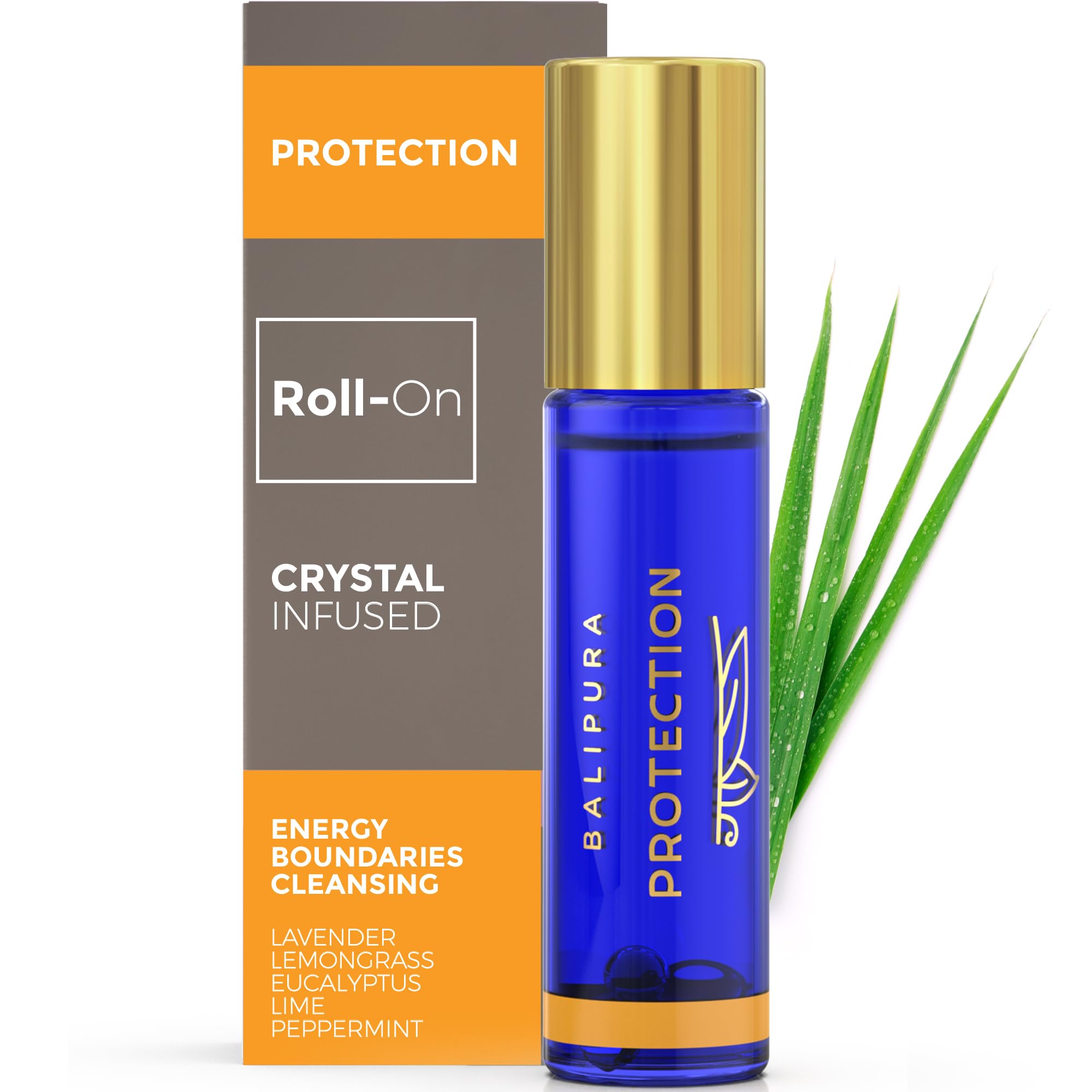 BALIPURA - Protection Crystal Aura Roll On - Natural Healing Roller Ball with Black Tourmaline & Clear Quartz - Lavender & Eucalyptus Essential Oil Blend, 0.34 fl.oz