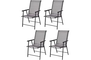 Giantex Set of 4 Folding Patio Chairs, Outdoor Portable Dining Chairs for Garden Camping Poolside Beach Deck Lawn, 4-Pack Sling Armchairs, Metal Frame, Grey