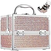 Costravio Makeup Box with Mirror, Makeup Organizer Case Train Case for Girls Women Kids Make up Box Makeup Case Organizer with Lock and Key Storage Vanity for Polishes Cosmetic Jewelry, Shiny Pink