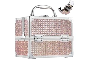 Costravio Makeup Box with Mirror, Makeup Organizer Case Train Case for Girls Women Kids Make up Box Makeup Case Organizer with Lock and Key Storage Vanity for Polishes Cosmetic Jewelry, Shiny Pink