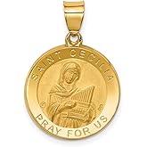 14k Yellow Gold Saint Cecilia Medal Pendant with Pipe Organ and Inscription, Catholic Jewelry for Women or Men, Christian Faith Charm, Religious Devotional Unisex Necklace Piece 19mm