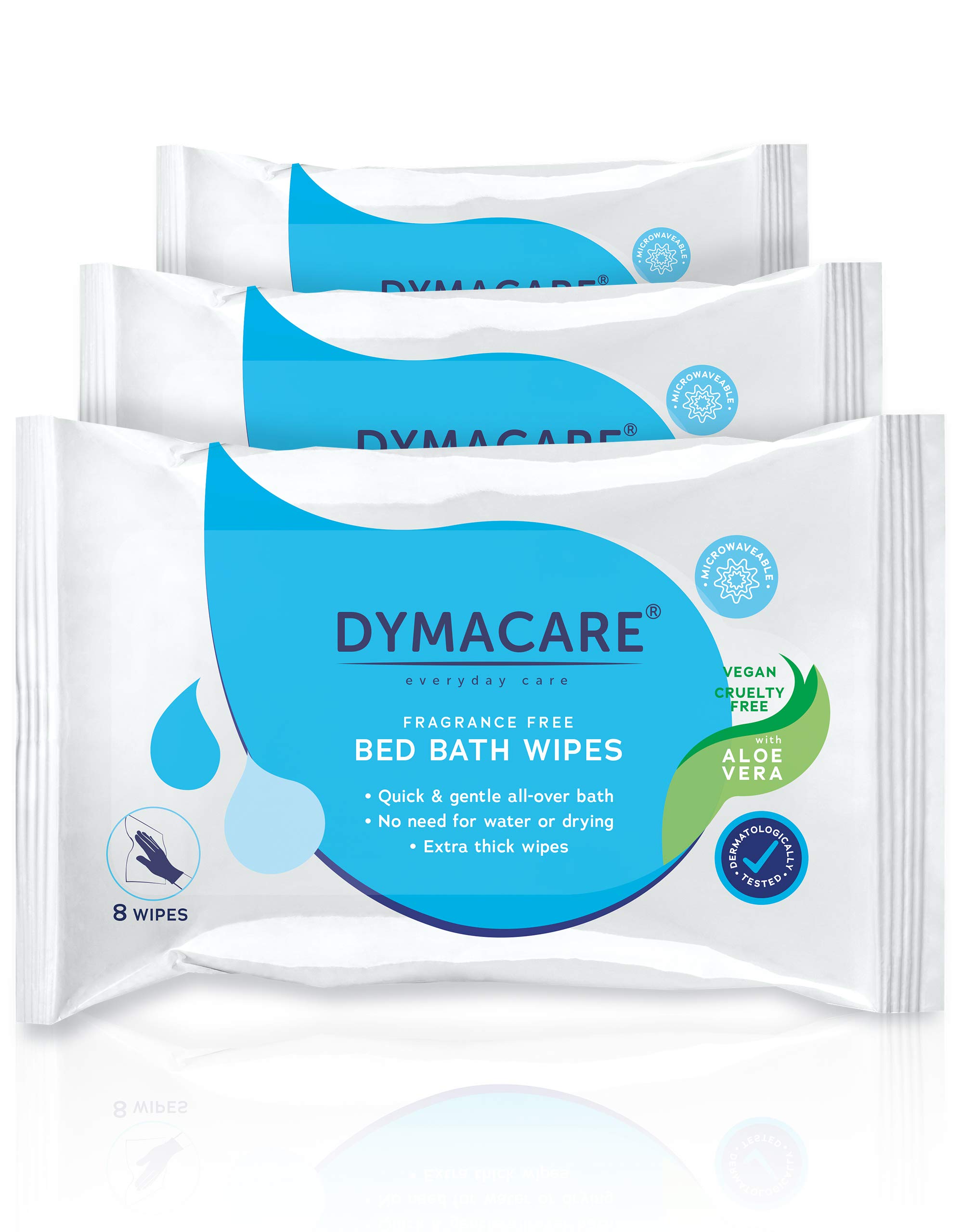 DYMACARE Unfragranced Bed Bath Wipes | Premium Unscented Skin Cleansing Shower Wipes for Adults and Elderly | No Water Microwaveable Body Wet Wipes with Aloe Vera | 3 Packs (24 Wipes in Total)