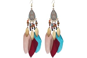 WASHRANP Earring Hoop Stud Drop & Dangle, 1 Pair Beads Multicolor Retro Drop Earrings Bohemian Long Feather Hook Earrings Party Jewelry for Women Teen Girls Birthday Valentine's Day Gift