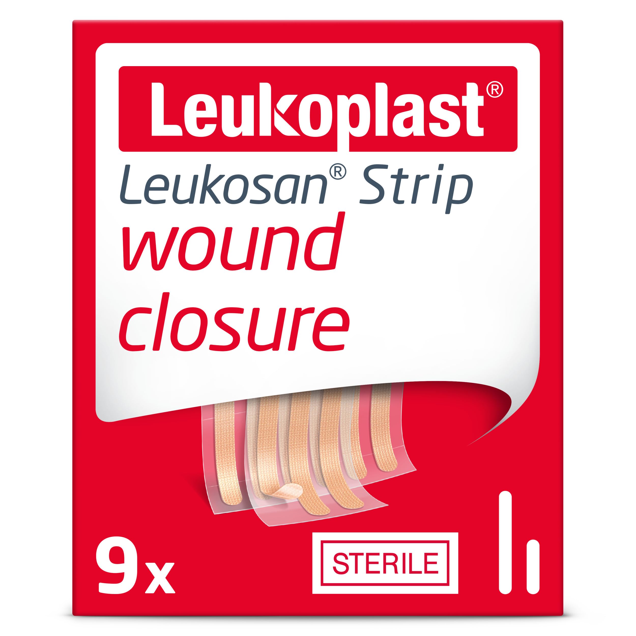 Leukoplast Leukosan Strip - Sterile Wound Closure Strips with Rounded Edges - Flexible and Breathable, First-aid Plasters for Superficial Cuts and Incisions – Tan – 2 Assorted Sizes – Box of 9