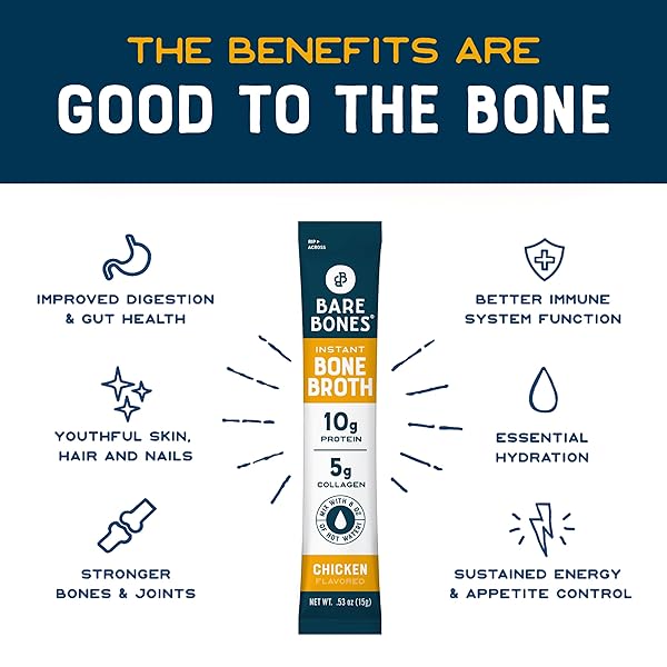 BARE BONES CHICKEN BONE BROTH INSTANT POWDERED MIX | RICH SAVORY PACKETS ON-THE-GO NO ARTIFICIAL FLAVORS | 100% GRASS FED KETO & PALEO FRIENDLY | 10G PROTEIN | 4 PACK