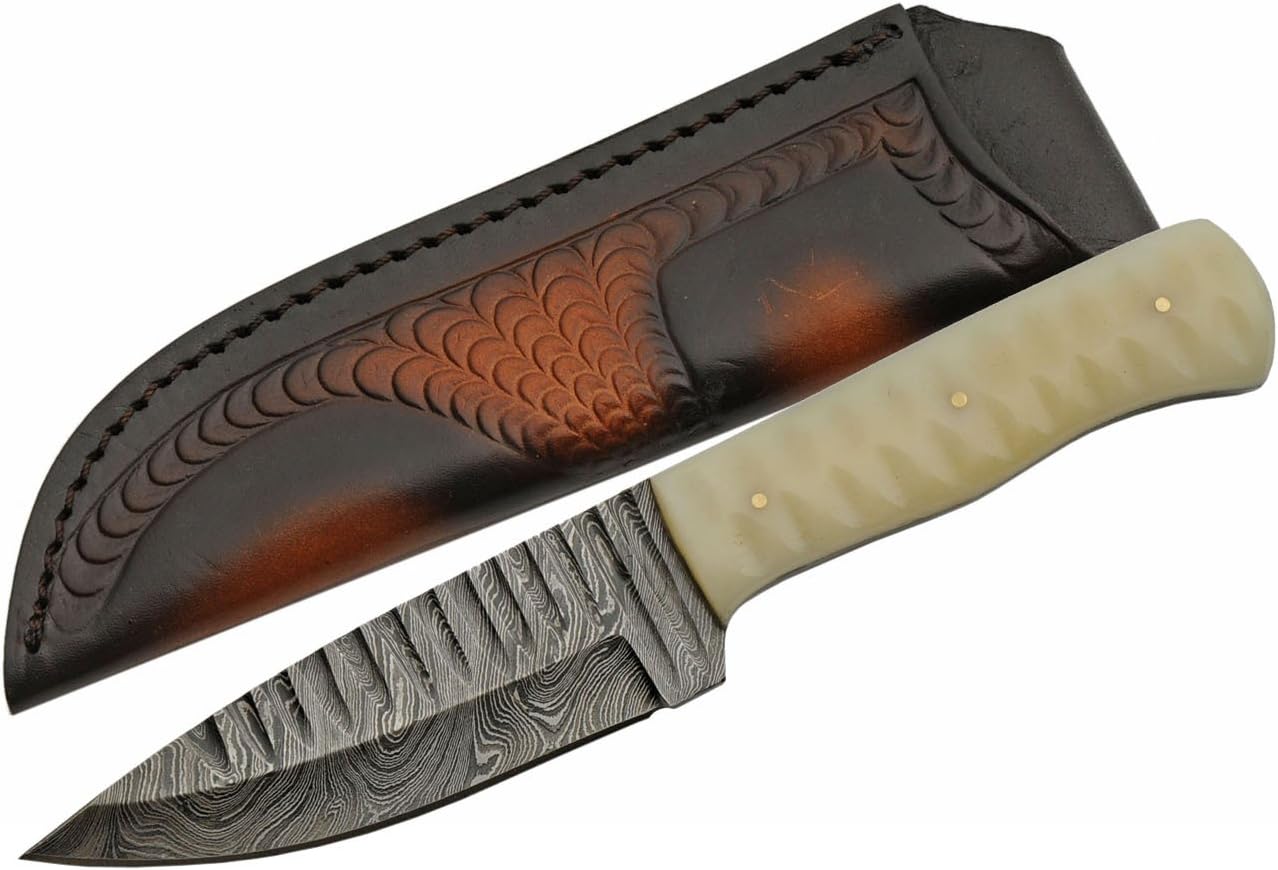 SZCO Supplies Damascus Steel Bone Shark Tooth Knife Hunting Knife