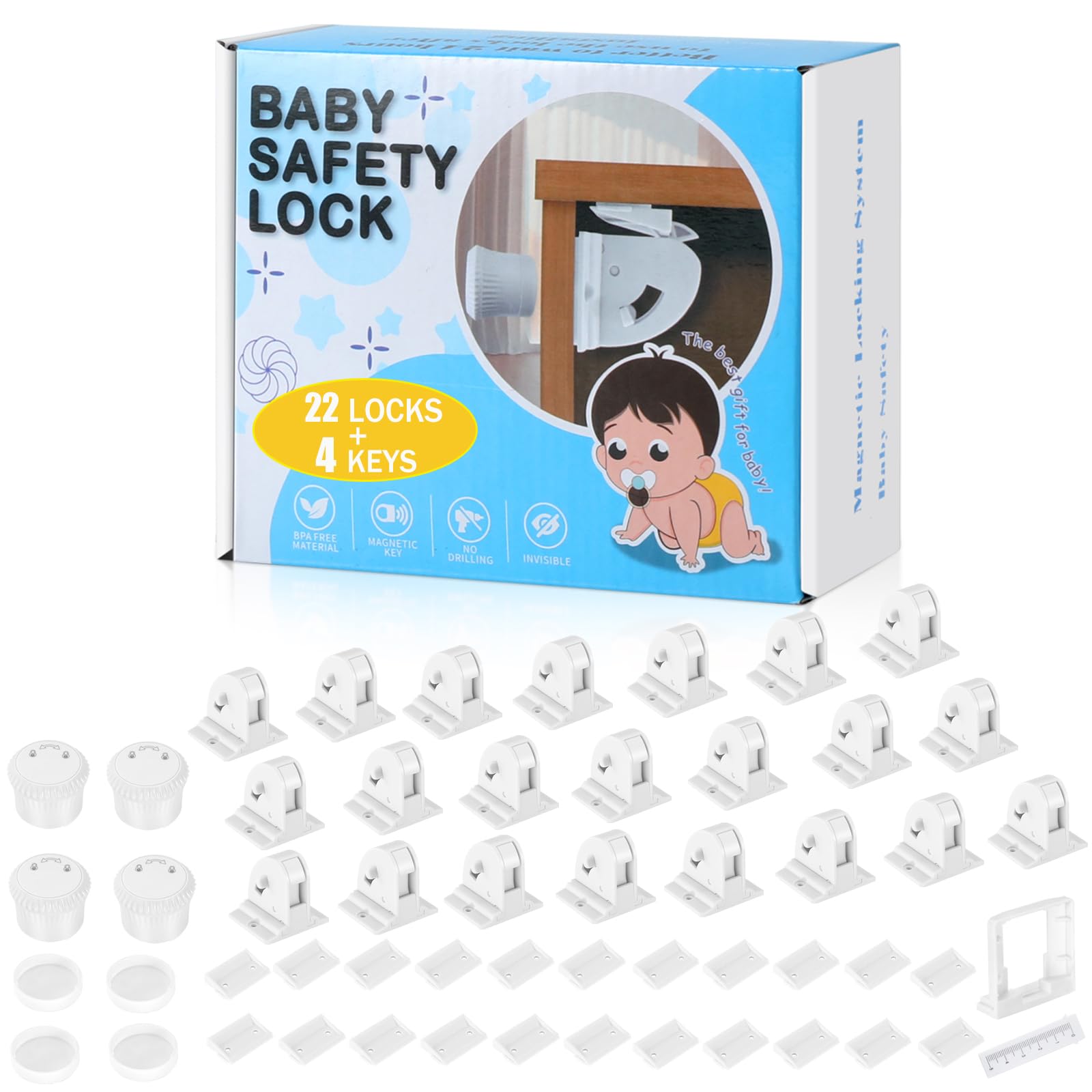 Photo 1 of 22 Pack Magnetic Cabinet Locks for Child Safety, Drawer Locks Baby Proofing, Magnetic Door Safety Locks for Cabinets and Drawers, Easy Installation No Tools Required (22 Pack and 4 Keys)