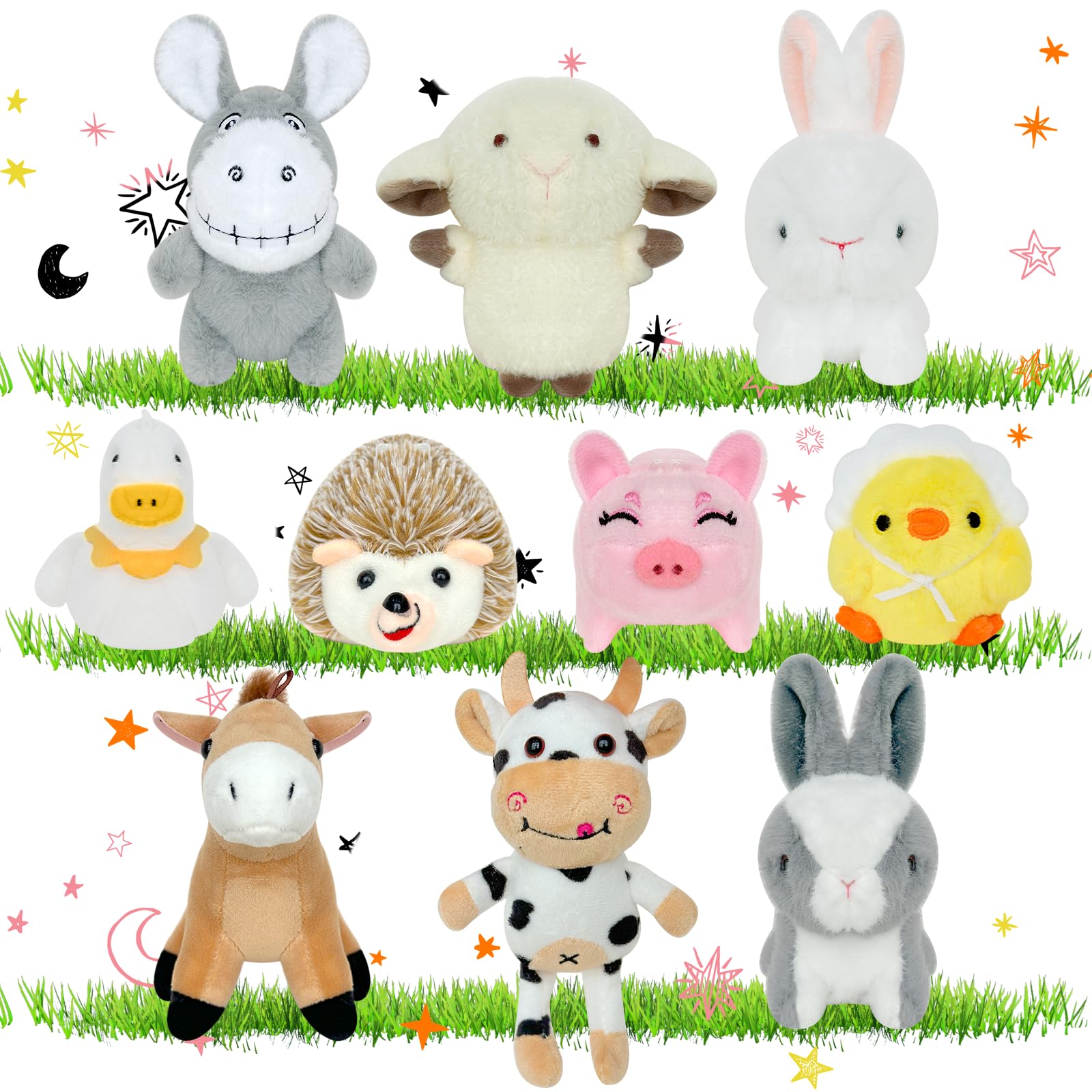 Photo 1 of 10 Pcs Mini Stuffed Farm Animals Bulk 4.72 Inch Farm Animals Plush Cute Chick Horse Duck Sheep Rabbit Cow Pig Donkey Hedgehog for Farm Party Favors Goodie Bag Fillers Home Decor Classroom Prizes