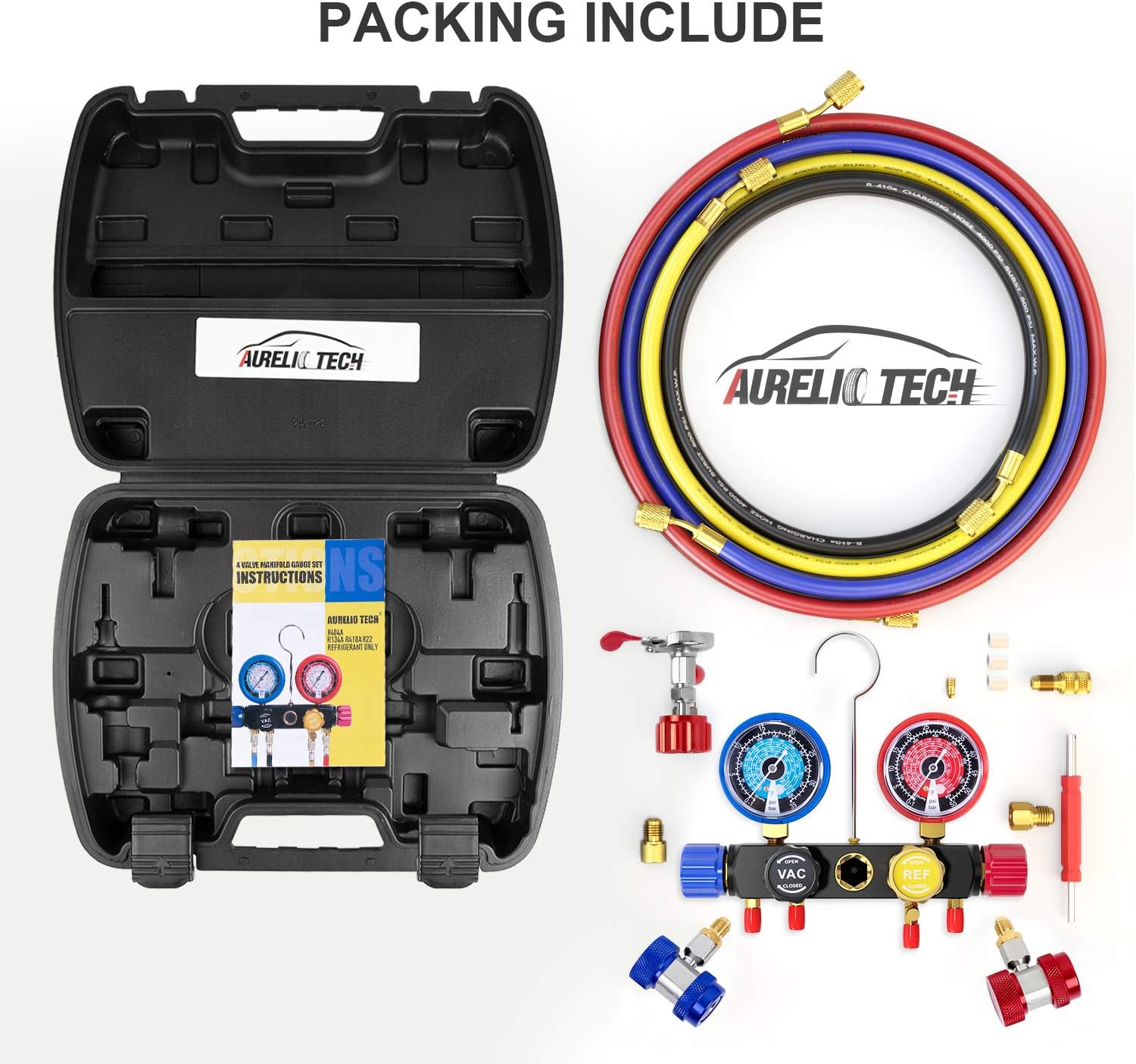 AURELIO TECH 2020 UPGRATE Version 4 Way A/C Manifold Gauge Set Fits R134A R410A R404A R22 Refrigerants with 5FT Hose, 3 Acme Tank Adapters, Adjustable Couplers and Can Tap: Automotive