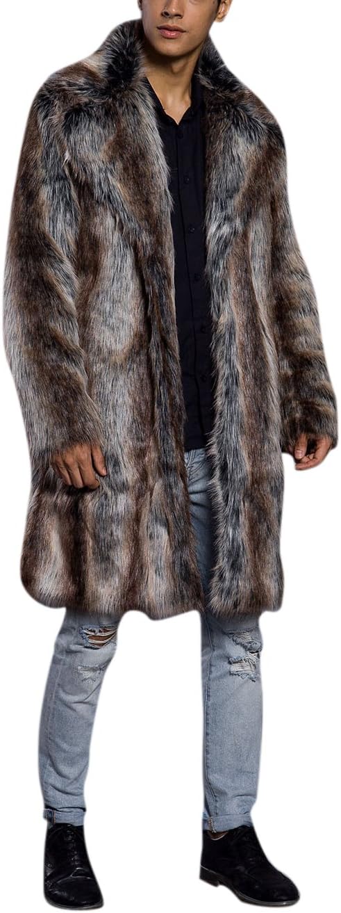 AACFCHAIN Men's Luxury Winter Warm Faux Fur Long Jacket Thicken Notched Outerwear Overcoat