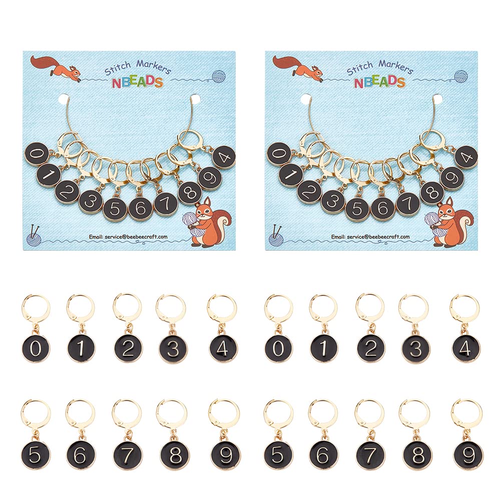NBEADS 20 Pcs Number 0~9 Stitch Markers, Alloy Enamel Number Stitch Marker Charms Flat Round Removable Locking Stitch Marker for Knitting Weaving Sewing Accessories Quilting Jewelry Making, Black — image 1