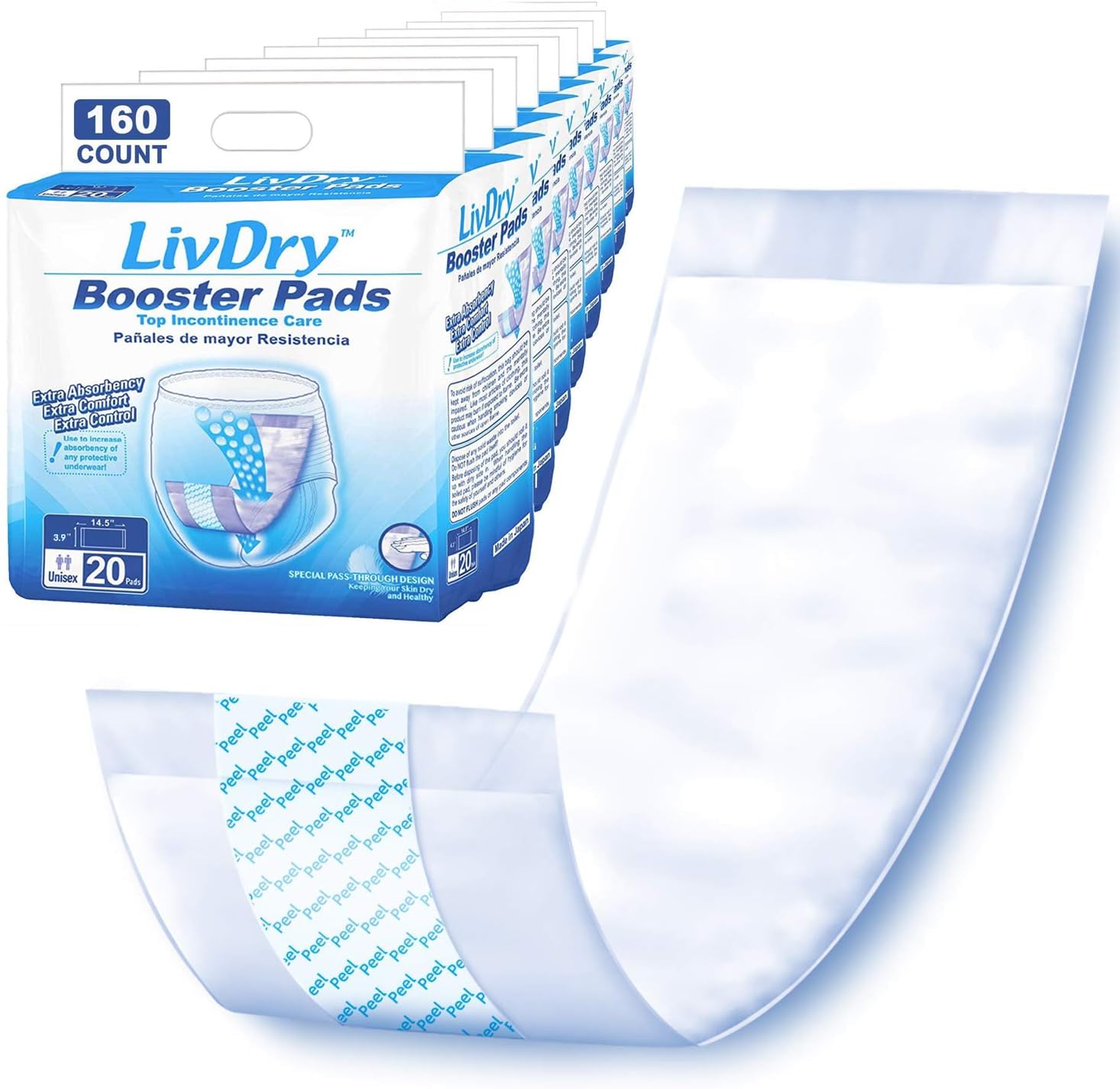 Photo 1 of LivDry Incontinence Booster Pads, Use with Adult Diapers for Women and Men, Extra Comfort Softness, Disposable Pad (160 Count, Regular Length)