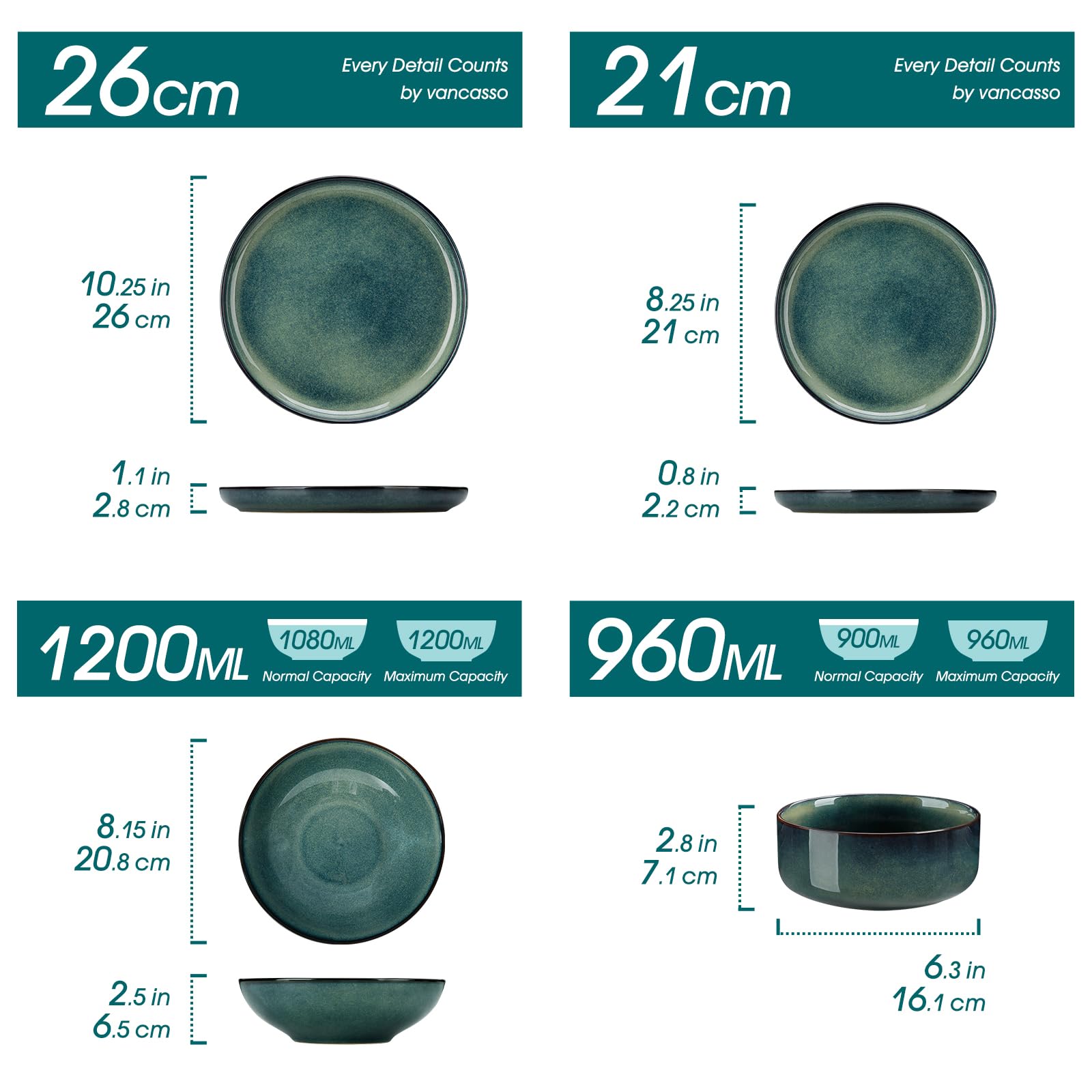 Geschirrset 6 Personen modern, vancasso STARRY 24-teiliges Steingut Geschirr Set, Kombiservice Set Grün, Tafelservice 6 Personen, Inklusive Speiseteller, Dessertteller, Suppenteller und Müslischalen 3