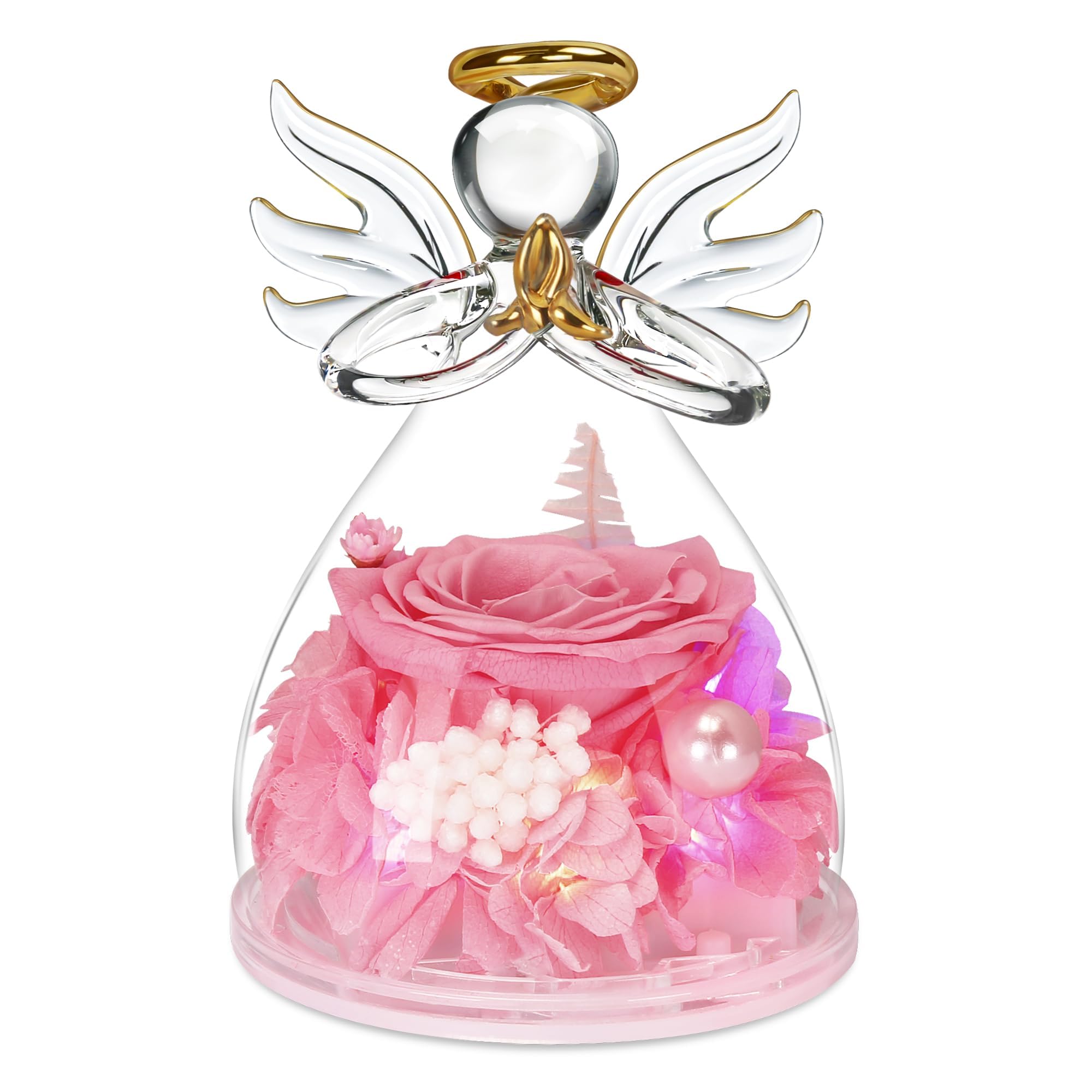 Pink Angle Roses encavy Preserved Flower Rose in Glass Angel Figurines,Mothers Day Rose ...