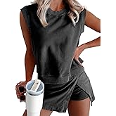 KevaMolly Womens Travel Outfits Summer Lounge Set Two Pieces Mineral Wash Cotton Tank Top Lined Split Athletic Skirt Set