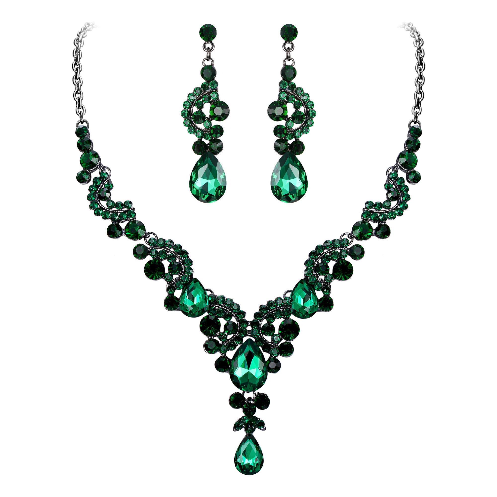 Ever Faith Jewellery Sets for Women Wedding Rhinestone Crystal Floral Wave Teardrop Necklace Earrings Set for Brides Bridal Emerald Green