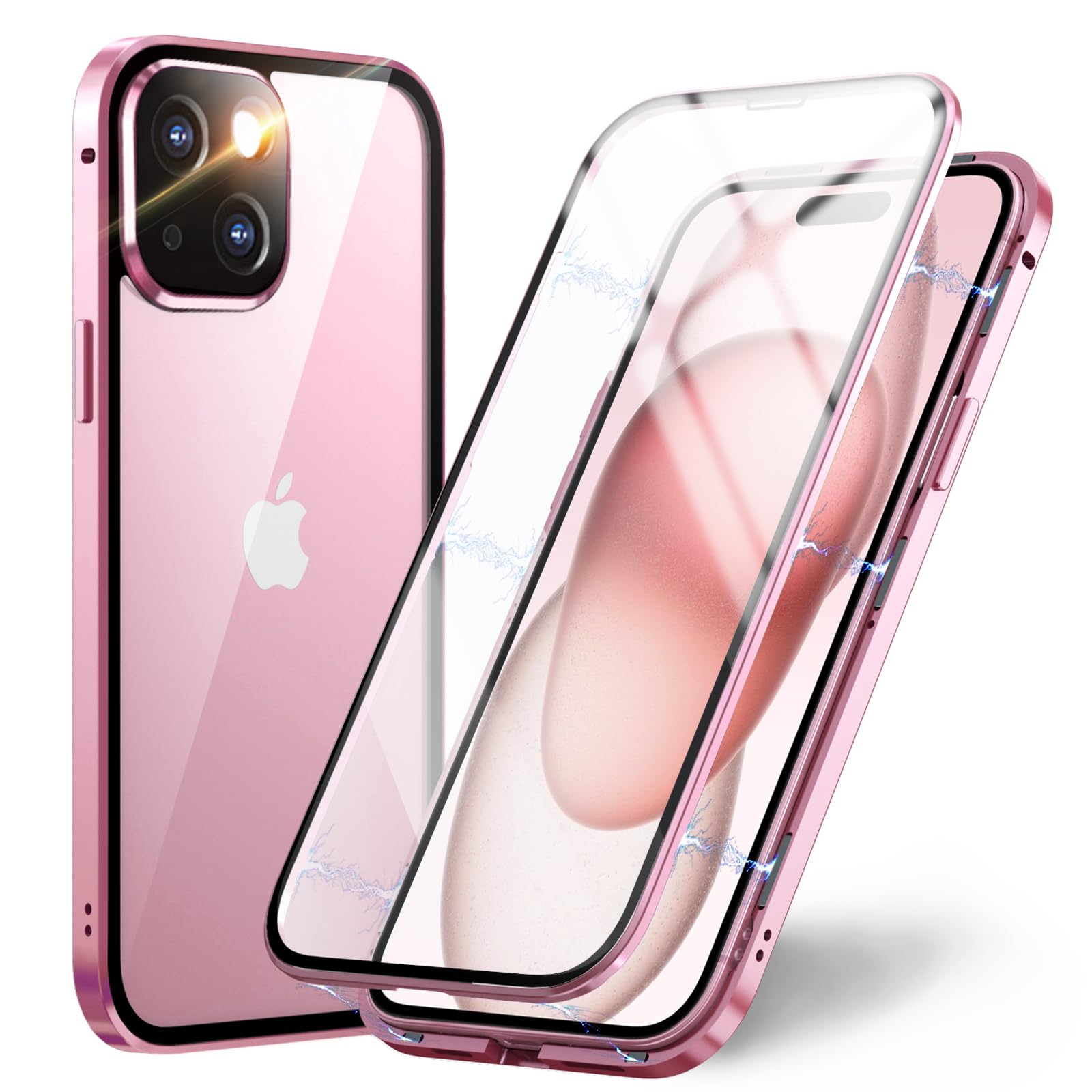 OMGZONE Magnetic Case for iPhone 15 Plus Full Body Cover,Screen Protector built-in Transparent Tempered Glass and Camera Protector,360 Degree Metal Bumper Case for iPhone 15 Plus,Clear Pink — image 1