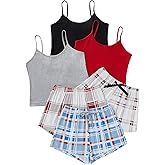 GORGLITTER Women's 6 Pack Pajama Set Spaghetti Strap Cami Top and Plaid Shorts Set
