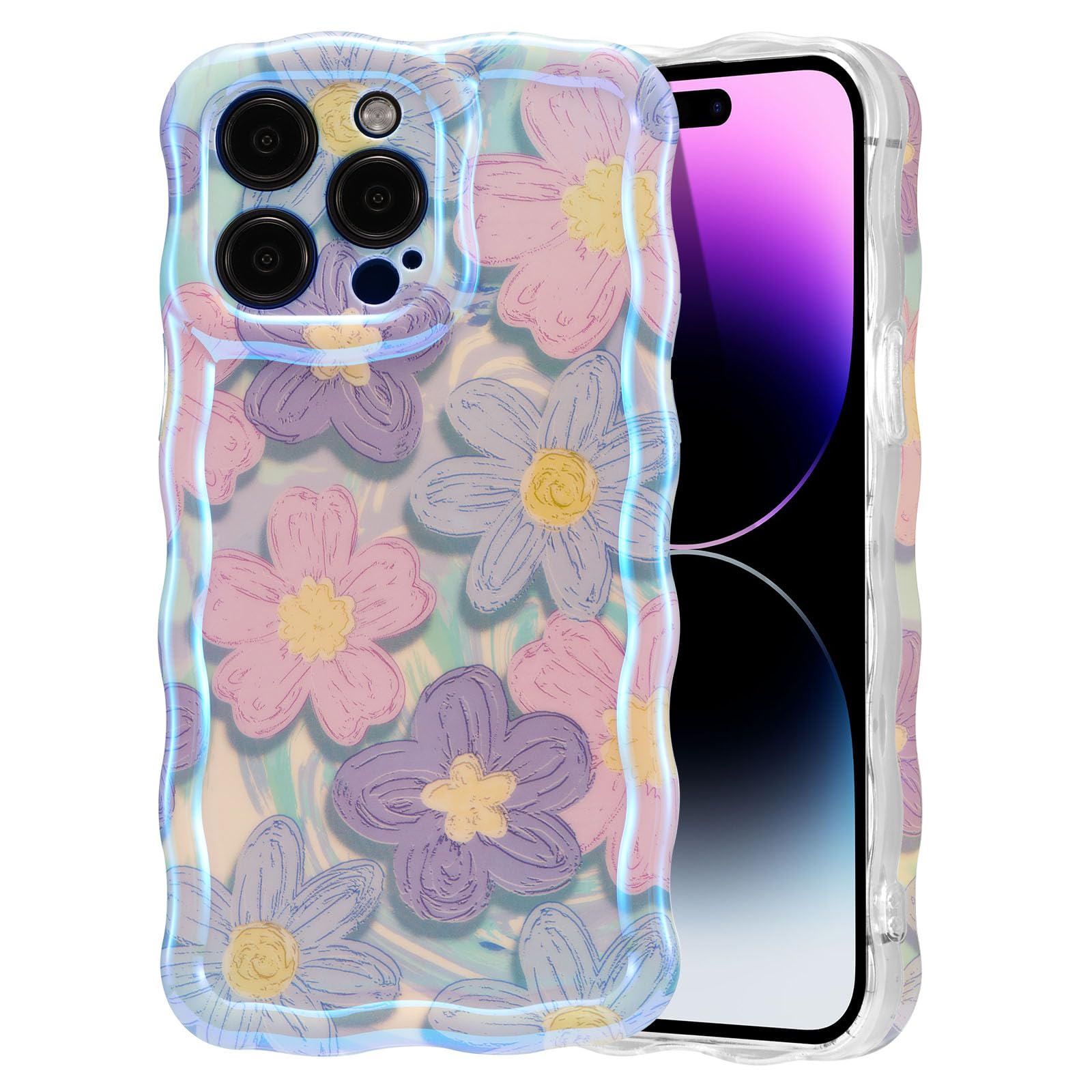EYZUTAK Case for iPhone 14 Pro Max, Colorful Retro Oil Painting Flower Laser Glossy Design Cute Curly Wave Edge Exquisite Phone Cover Stylish Durable TPU Protective Case for Girls Women - Pink Purple — image 1