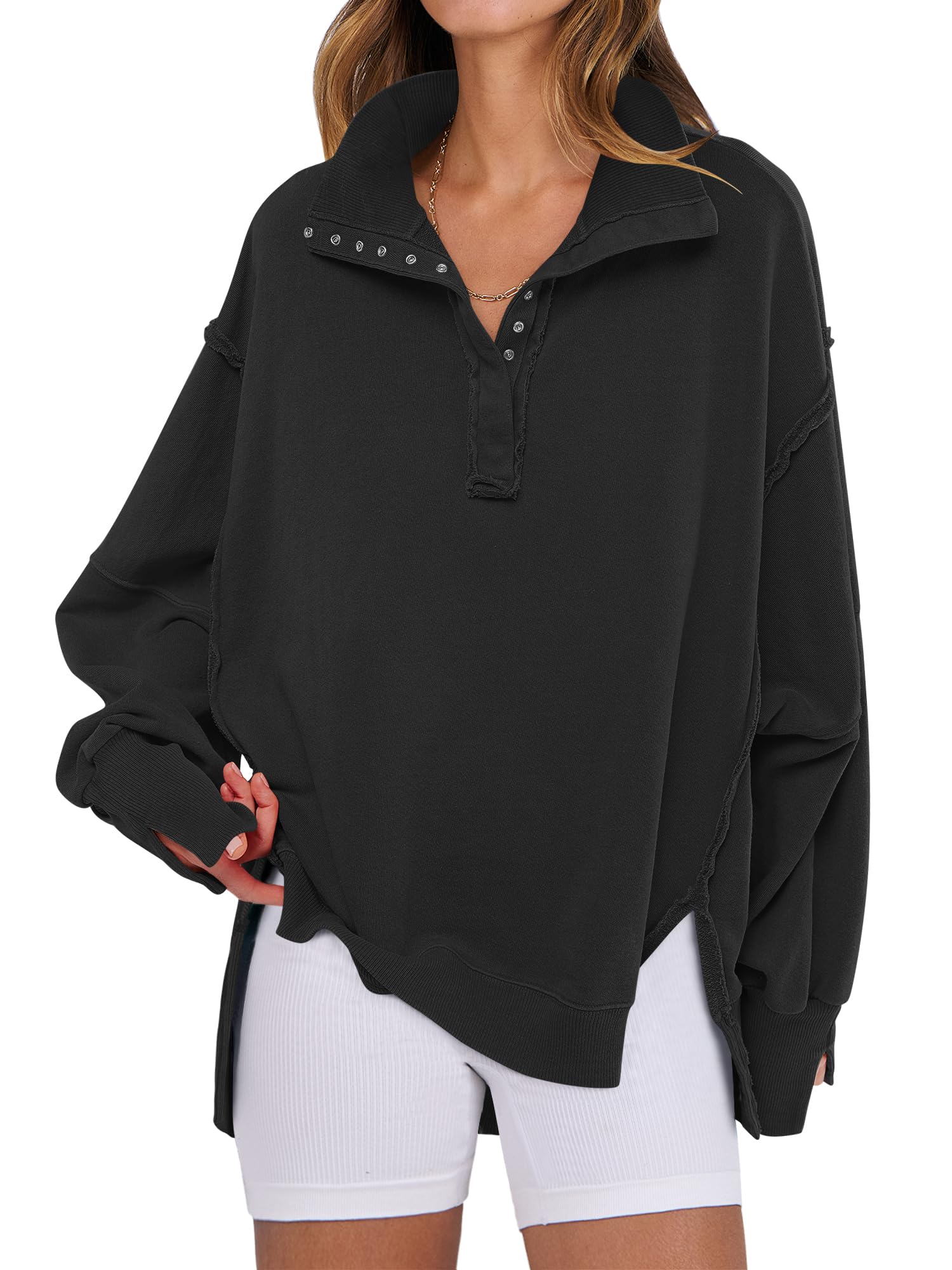 Photo 1 of (medium/large) ANRABESS Women's Sweatshirts Oversized Casual Loose Button Up Henley Pullover Top High Low Split 2025 Fall Fashion Outfits Black Medium
