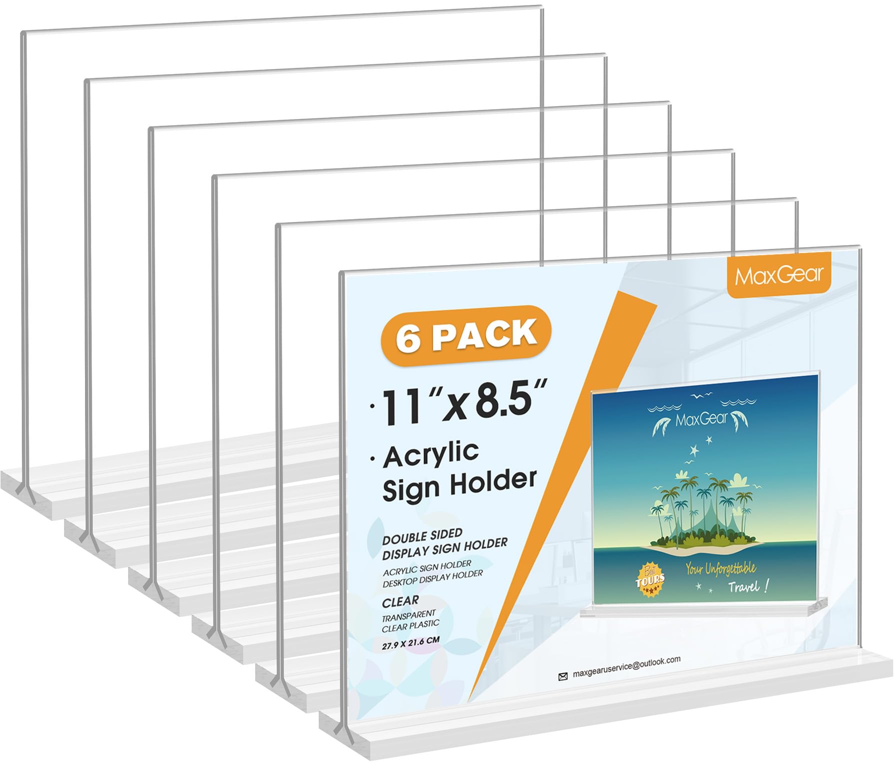 Photo 1 of MaxGear 8.5 X 11 Acrylic Sign Holder Horizontal 6 Pack, Double Sided Display Stand, Clear Table Sign Flyer Menu Holders, Plastic Paper Stand Picture Frame for Office, Store, Restaurant