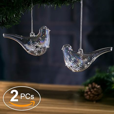 Christmas Glass Handmade Clear Iridescent Bird Figurine Ornaments