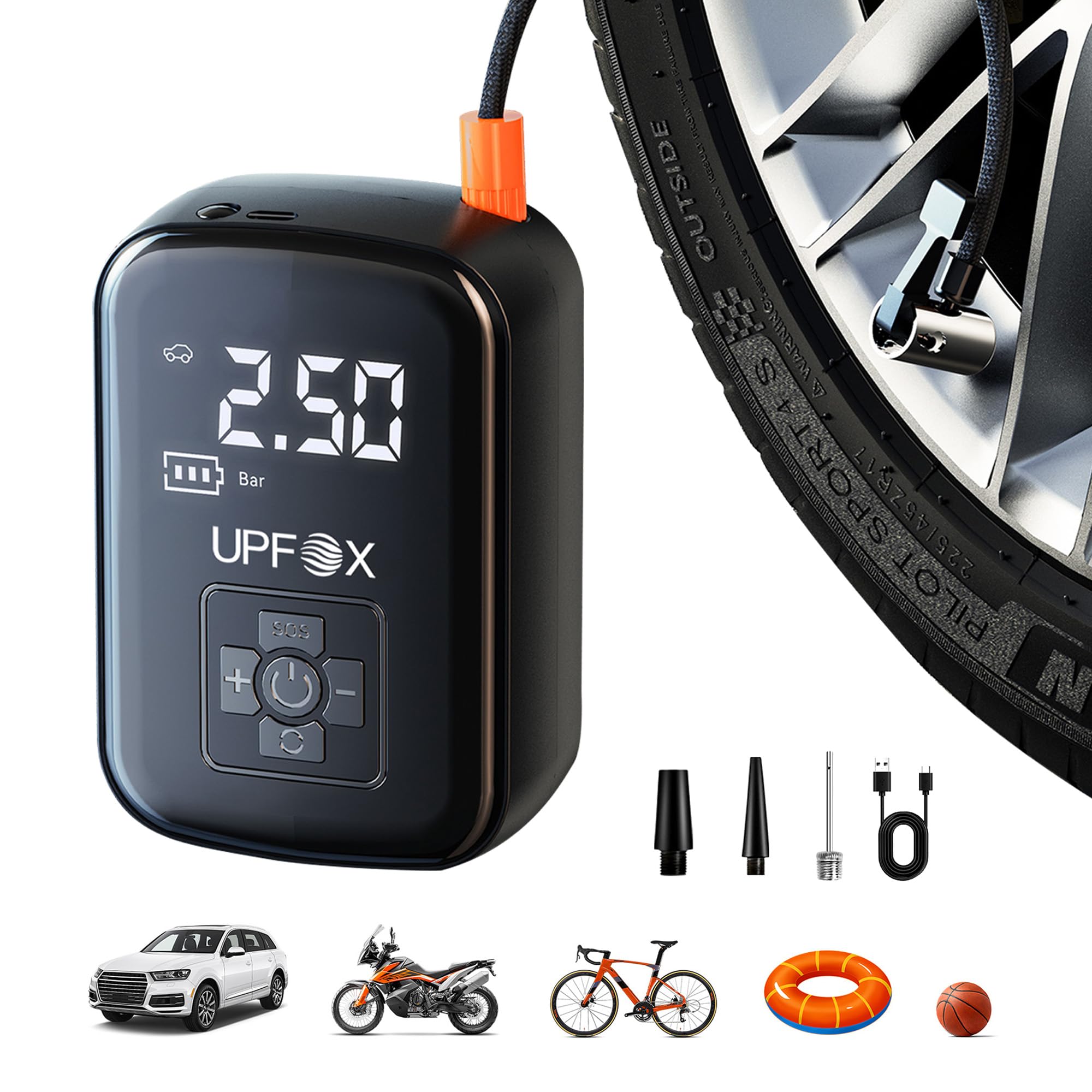 UPFOX Cordless Tire Inflator Portable Air Compressor-2X Faster Inflation Air Compressor Portable for Car Compact Bike Pump 150PSI Air Pump for Car Tires Motorcycle Bicycle Tires and Balls (Black)