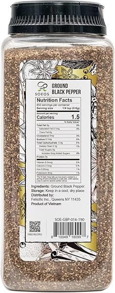 SOEOS TABLE GROUND BLACK PEPPER, 18 OZ (510G) NON-GMO, FRESHLY PEPPERCORN POWDER BULK, PACKED TO KEEP PEPPERS FRESH, READY TO USE PEPPERCORNS FOR REFILL, REGULAR