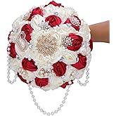 Gkvszy Burgundy and Ivory Bridal Wedding Bouquet with Rhinestone Brooch Pearl String Cascade Bouquet for Bride Bridesmaid Quinceanera Satin Rose Flower Bouquet Wedding Ivory and Burgundy 8.7in