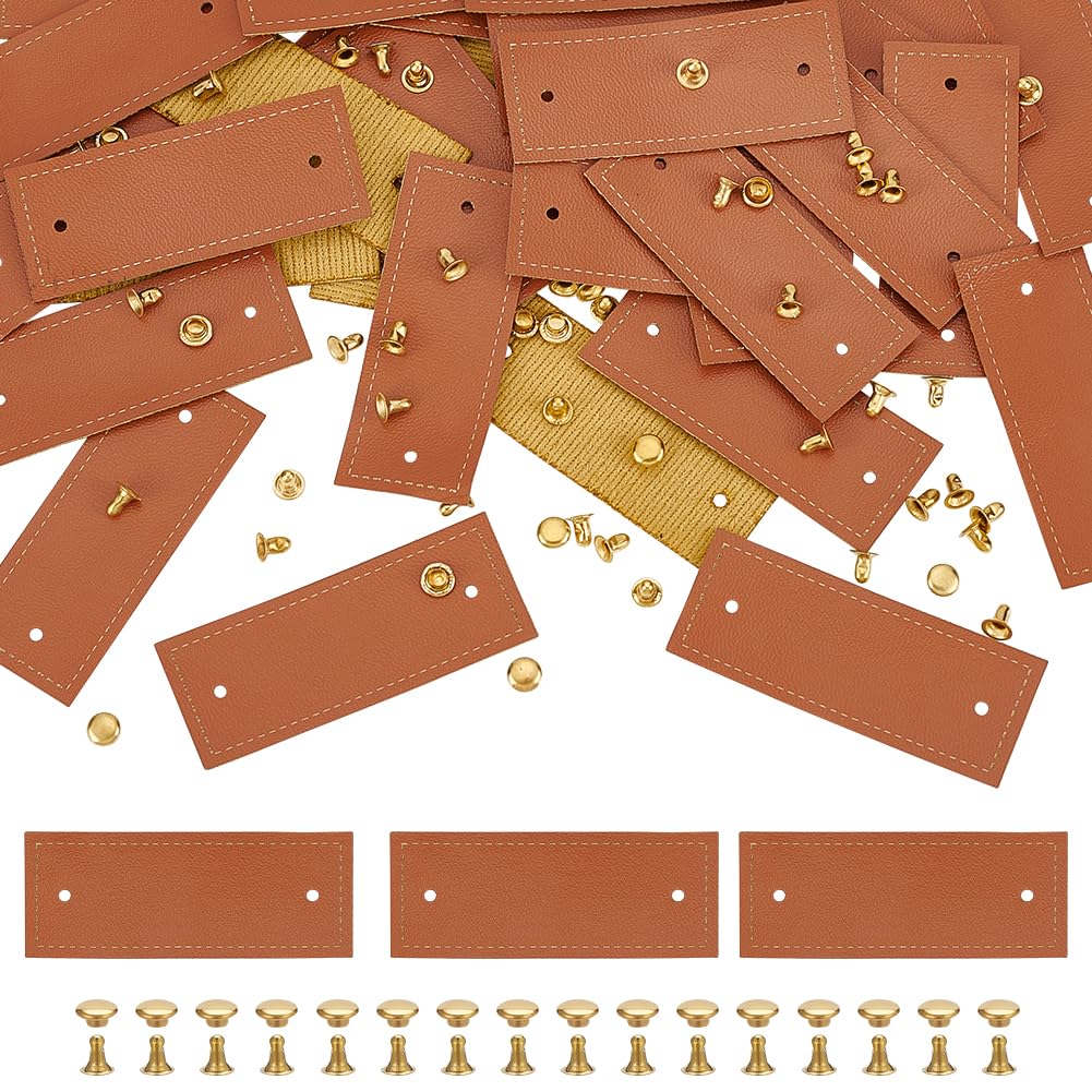 FINGERINSPIRE 60 Sets PU Leather Tags 2x5cm Chocolate Handmade Leather Label with Rivets Rectangle Blank Tag Embellishment DIY Accessories for Jeans Bags Hat