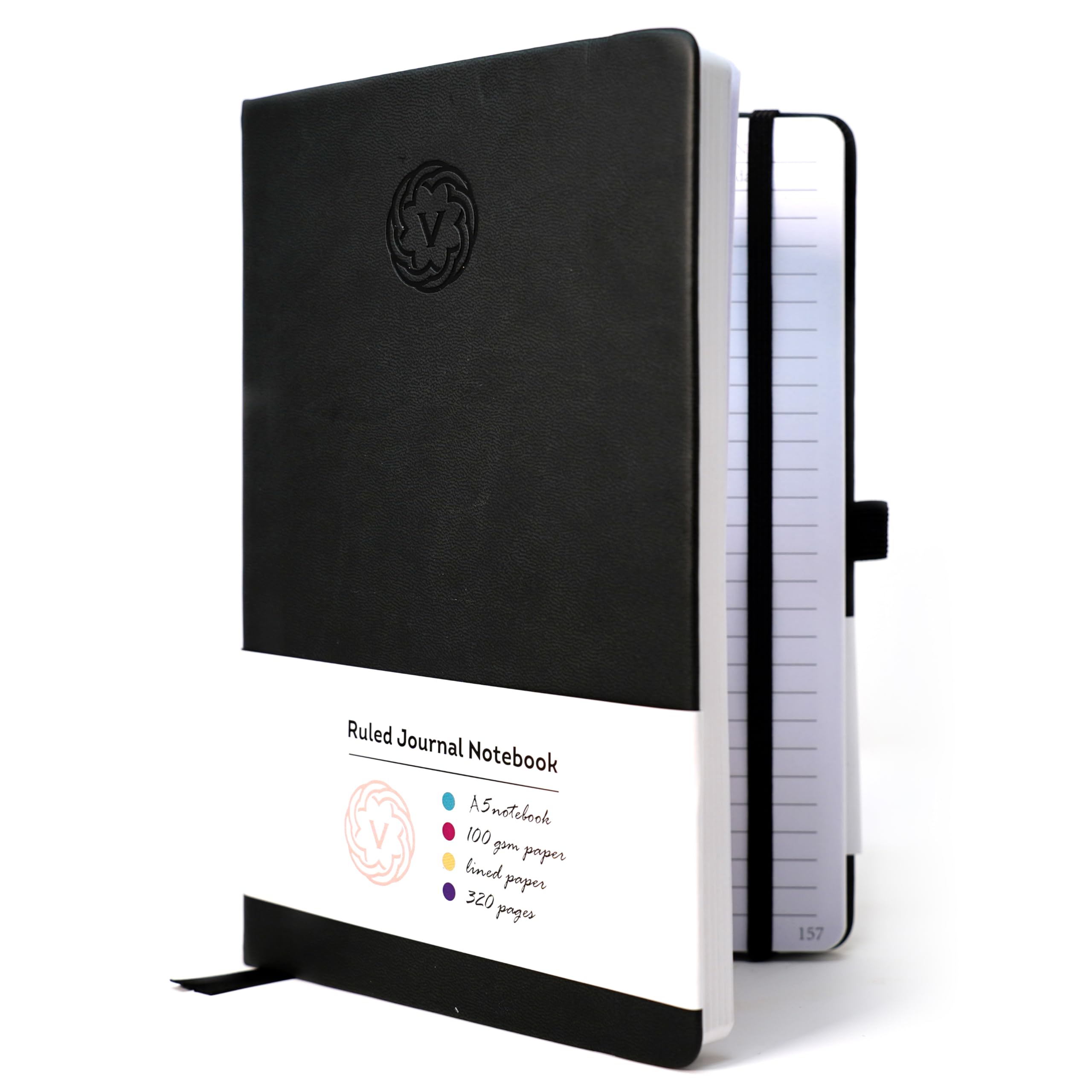 VABE UK A5 Journal Notebook Lined Notepad 320 Pages - 100gsm Hardcover Writing Notebook, Classic Casebound Lined Journal with Elastic Closure, Inner Pocket, Pen Loop & Sticky Notes (A5, Black)