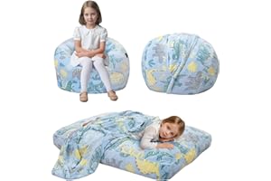 COMAX Kids Bean Bag Chair Turn into Beanbag Bed, Dinosaur Toddler Bean Chair for Girl Boy Sleeping, Lazy Children Sofa Couch with Filler, Convertible Child Floor Mattress, Blue Dino