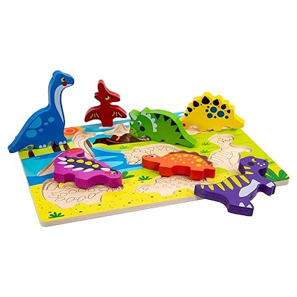 Tooky Toy, 11.81 x 8.27 x 0.79 inches, Dinosaur Chunky Puzzle, Wood