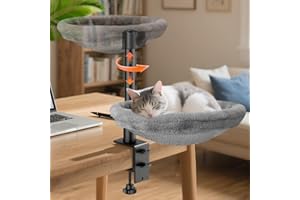 Giisorde Cat Desk Bed, Cat Hammock for Home Office, 360°Rotating & Adjustable Shelf, Removable Comfortable Soft Pet Nest Bed, Modern Unique Kitten Furniture Attachment for Game Tables, Grey