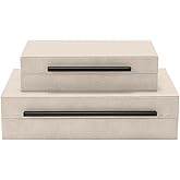Sagala Set of 2 Ivory Shagreen Decorative Boxes With Black Metal Handles, Faux Leather Jewelry Boxes Modern Storage Boxes Pho
