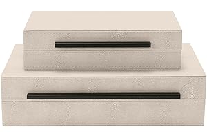 Sagala Set of 2 Ivory Shagreen Decorative Boxes With Black Metal Handles, Faux Leather Jewelry Boxes Modern Storage Boxes Pho