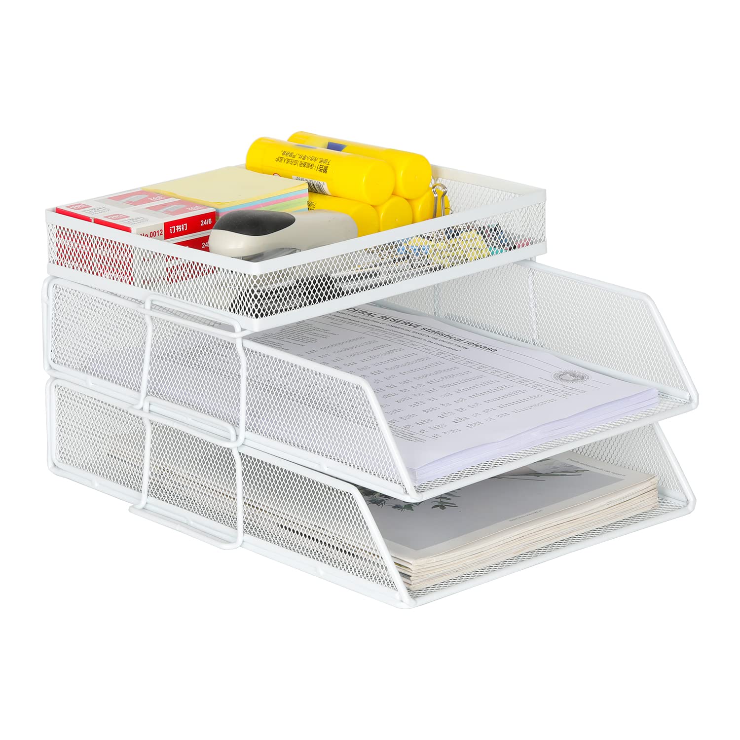 EasyPAG 2 Tier A4 Mesh in Trays Stackable Office Desk Tidy File Holder Magazine Storage Paper Document Letter Organiser with Top Stationery Holder,White