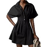 Burtell Summer Button Down Pleated Shirt Dress for Women Striped Print V Neck Short Sleeve Mini Dress Casual Corset Dresses