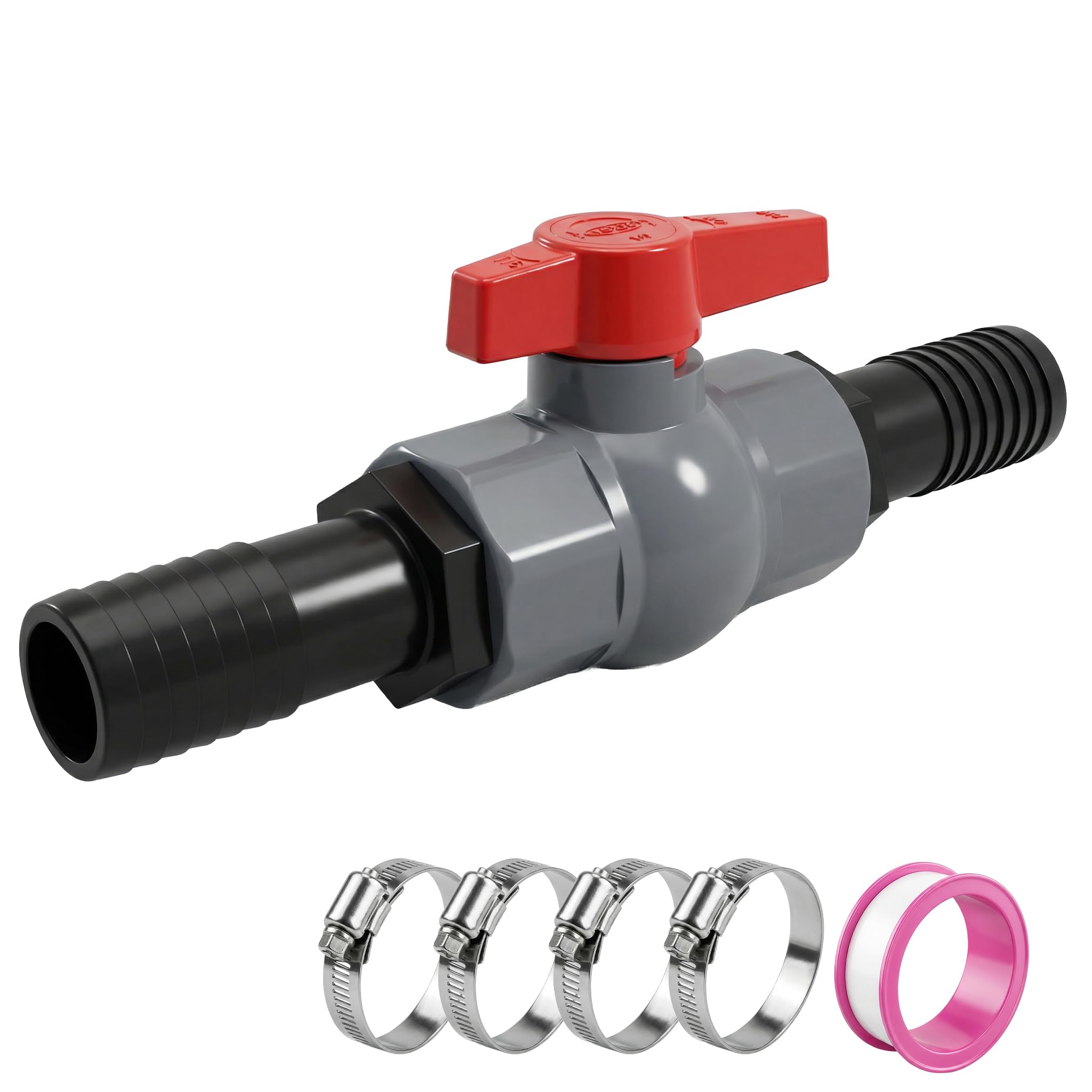 ZLLZPZD Ball Valve with Hose Connector, 40mm PVC Ball Valve, Shut-Off Valve, Pool Shut-Off Valve Incl. 1 Shut-Off Valve Internal Thread 1 1/4"(40mm) and 2 Hose Nozzles 32mm
