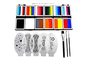 BVENDANO Professional Face Paint Makeup Split Cake Palette 12 × 10gm Water Actived, Non-Toxic One Stroke Rainbow Body & Face Painting Kit with 5 Stencils, 3 Brushes for Kids Adults