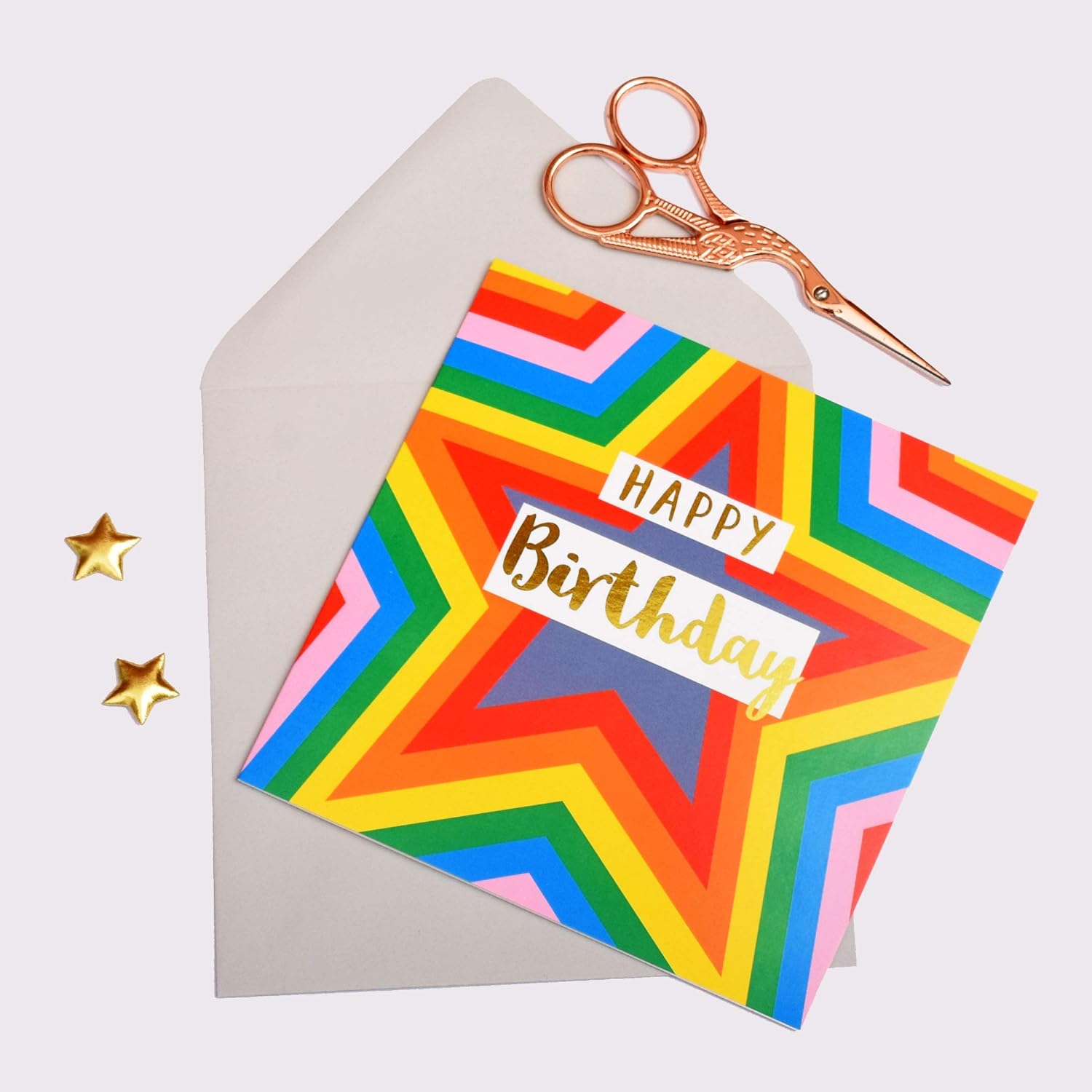 Claire Giles Greeting Cards, Happy Birthday Card, Colour Stars Design Greeting Card, Text Foiled in Shiny Gold - Image 3