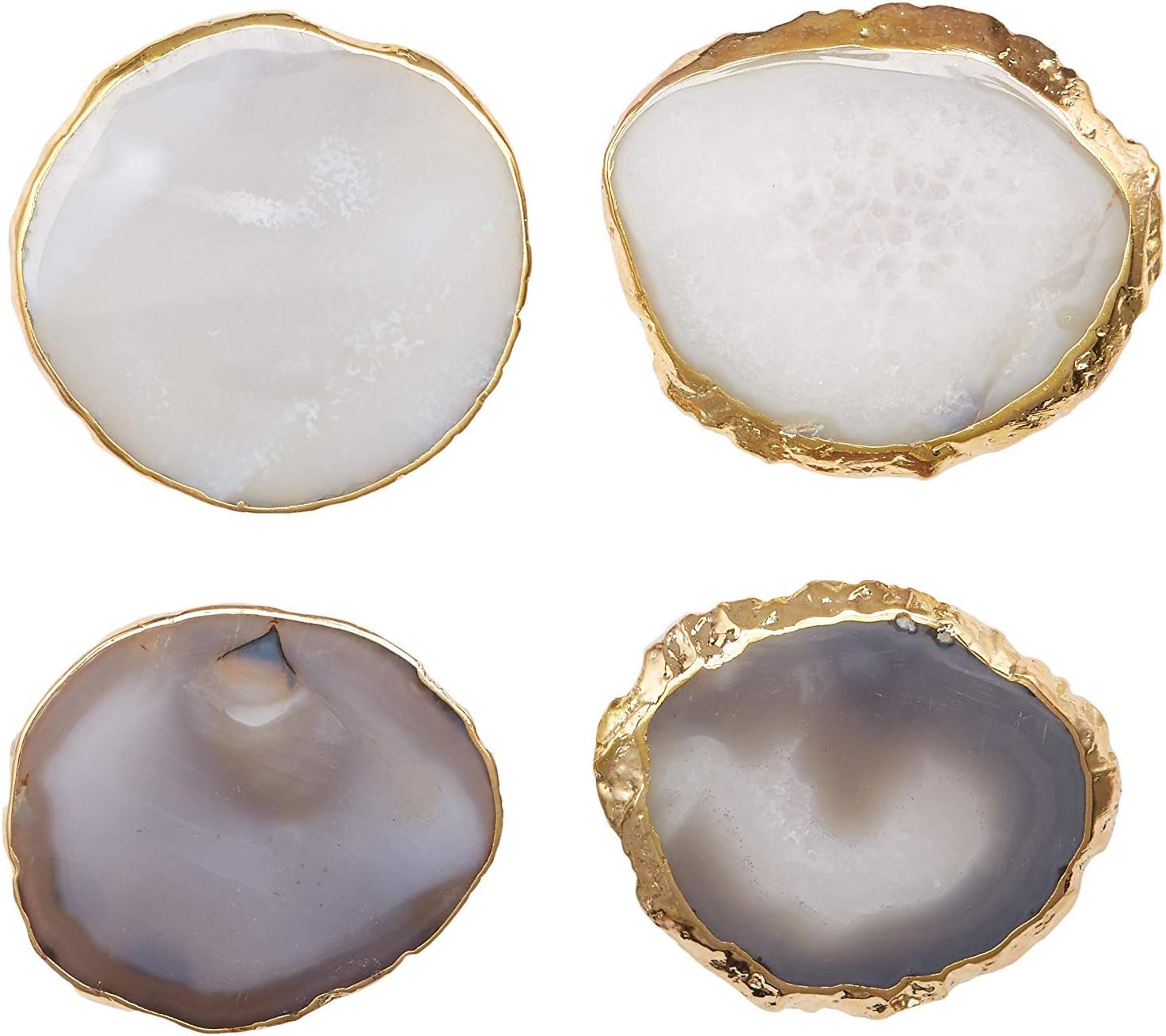 Modern Agate Coasters with Gold Edges and Rubber Bumpers (3.5"-4"). Set of 4 Geode Stone Slices. Perfect Drink Holder for any Glass or Cup (Natural)