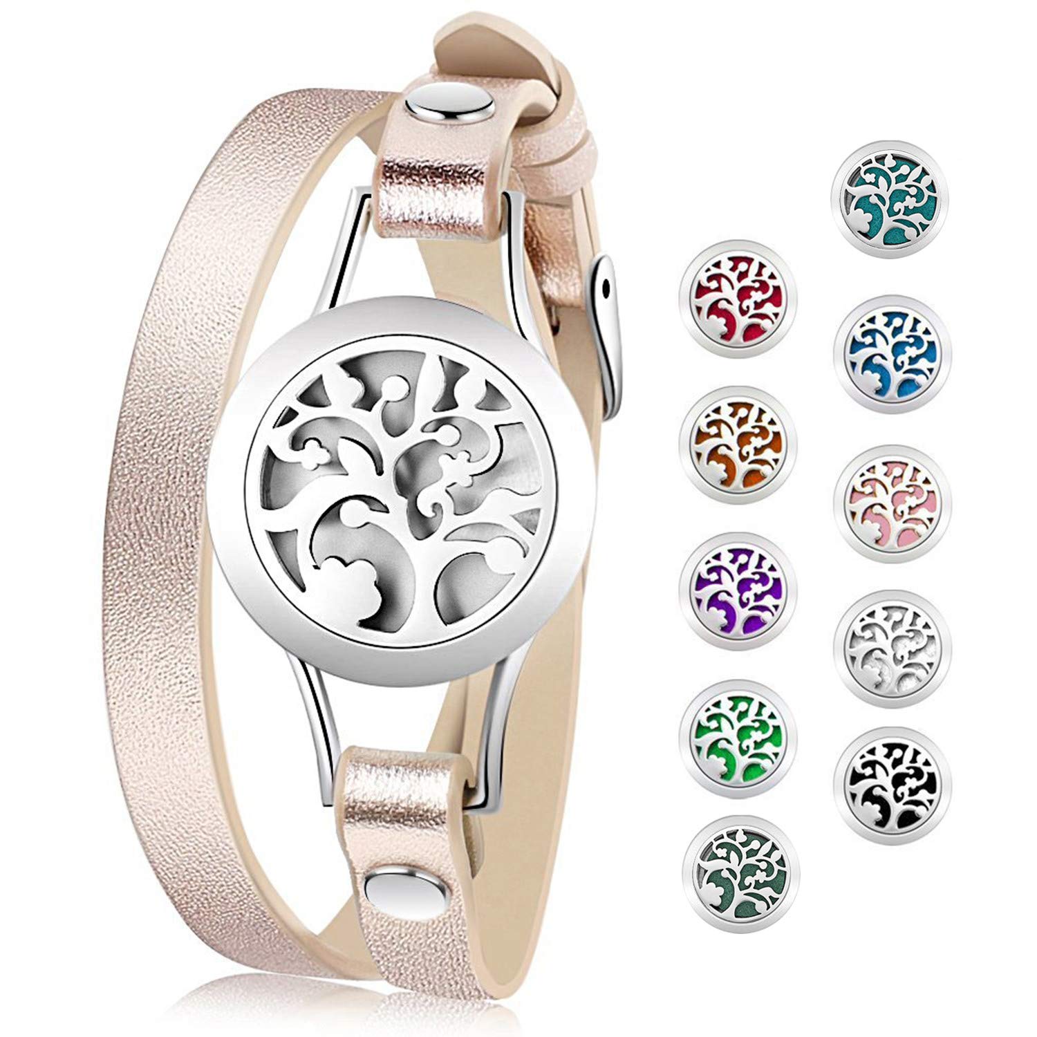 Cupimatch Essential Oil Diffuser Bracelet Wristband Stainless Steel Aromatherapy Locket Bracelets Adjustable Leather Band with 10 Color Pads Jewelry Gift Set for Women for Christmas