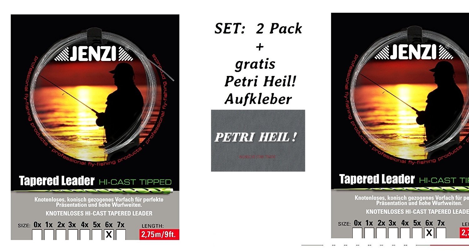 Set: 2 Pack Knotless Tapered Leader 6X/0.14/0.28 + Free Petri Heil. [German Language