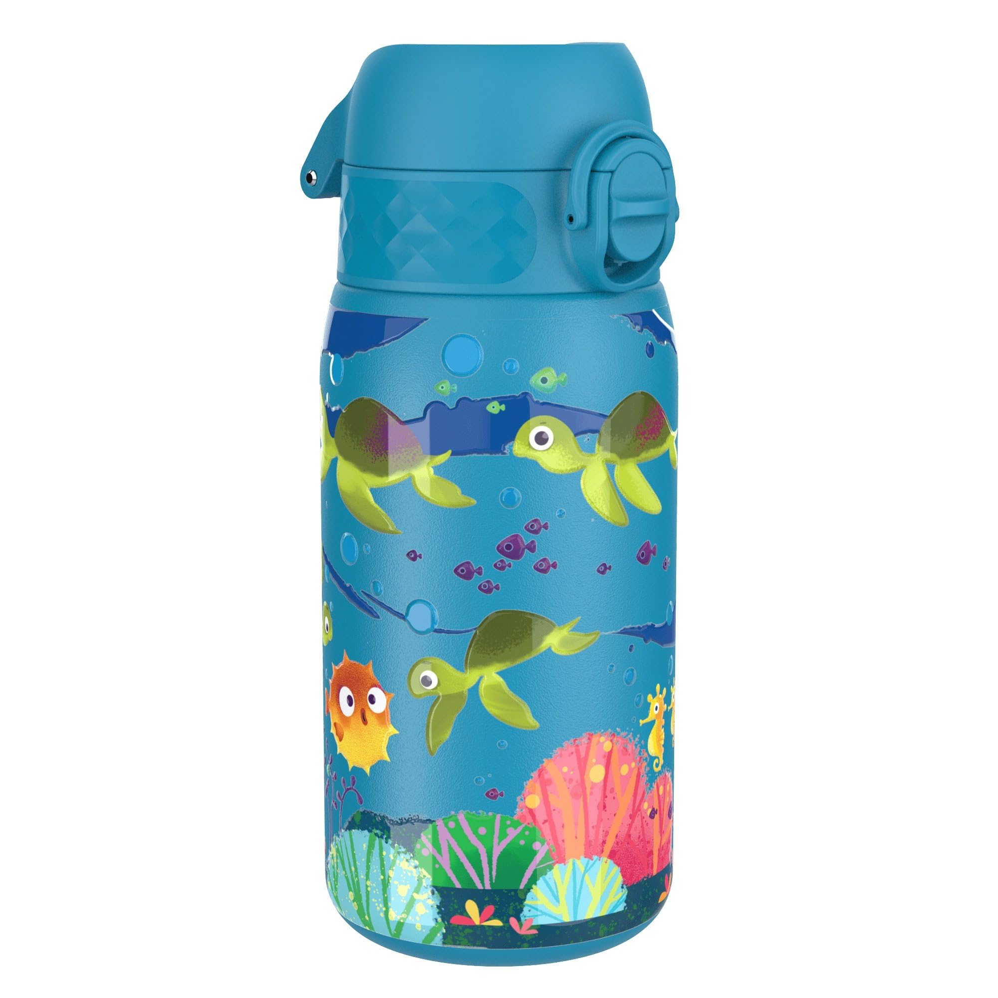 Ion8 Lightweight Steel Kids Water Bottle, 400ml/13oz, Non-Insulated, Leak Proof, Easy to Open, Secure Lock, Dishwasher Safe, Fits Cup Holders, Carry Handle, Metal Water Bottle, Blue, Sea Turtle