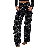 LETSVDO Women's Rhinestone Cargo Jeans Baggy High Waisted Wide Leg Sparkly Denim Pants Stretch Glitter Bling Trousers