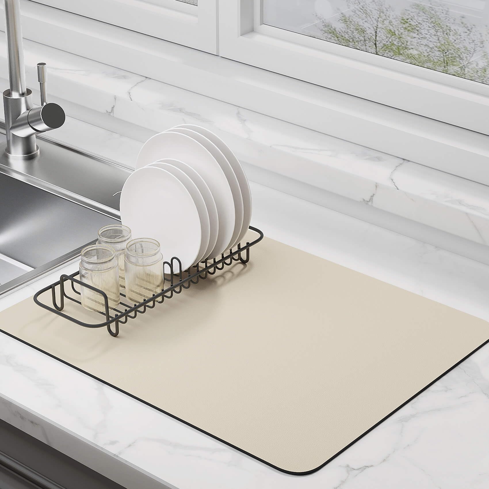 Photo 1 of Dish Drying Mat for Kitchen Counter Super Absorbent Drainer Mats with Non-slip Rubber Backed Hide Stain Heat Resistant Easy to Clean Dish Rack Mat (Beige, S-11"x14")