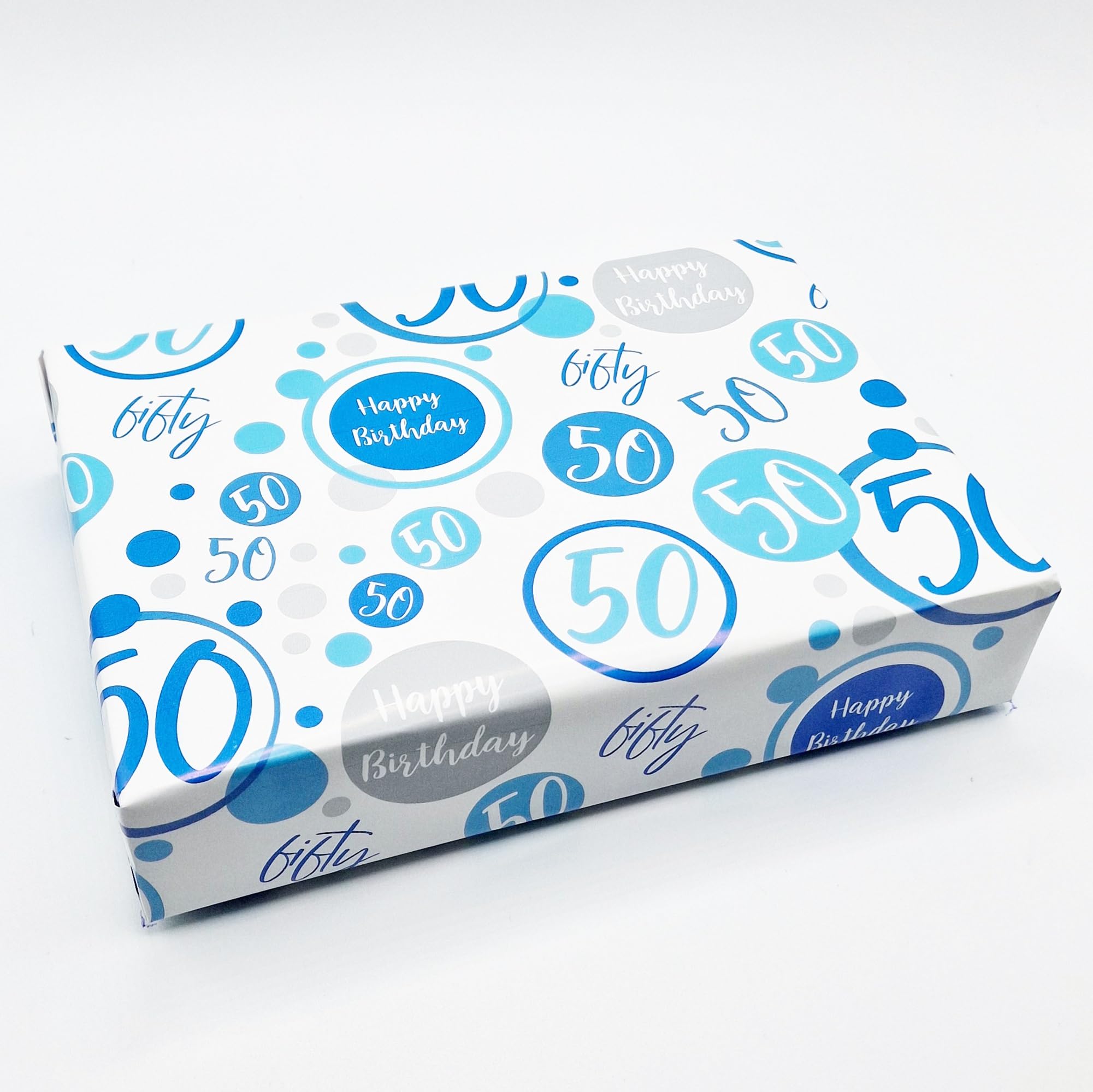 4 Sheets + 4 Gift Tags 50th Birthday Wrapping Paper Age 50 Birthday Blue White Gift wrap Male (PA)