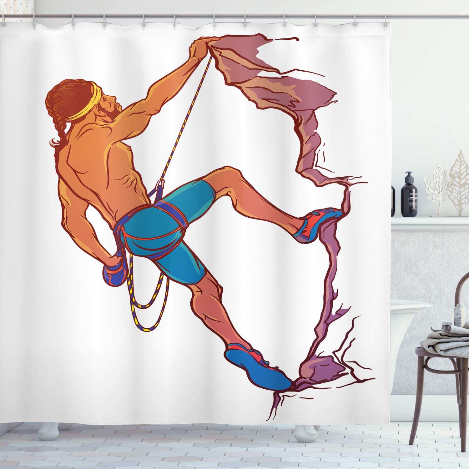 ABAKUHAUS Indie Shower Curtain, Athletic Man Climbing up the Cliff Rocky Mountain Professional Summer Sports, Cloth Fabric Bathroom Decor Set with Hooks, 78 Inches, Blue Mauve Ginger