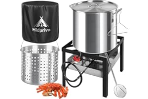 Hidpriva 60QT Crawfish Boiler Kit, Waterproof Cover & 12-inch Skimmer, 110,000BTU Propane Burner Stove, 0-20PSIG Regulator, Aluminum Seafood Boil Pot, Crab Boil Pot with Basket